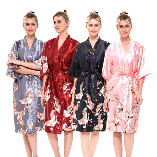 Pajamas for women summer sexy ladies ice silk nightgown mid-sleeve large size bathrobe simulated silk bridal dressing gown manufacturer wholesale