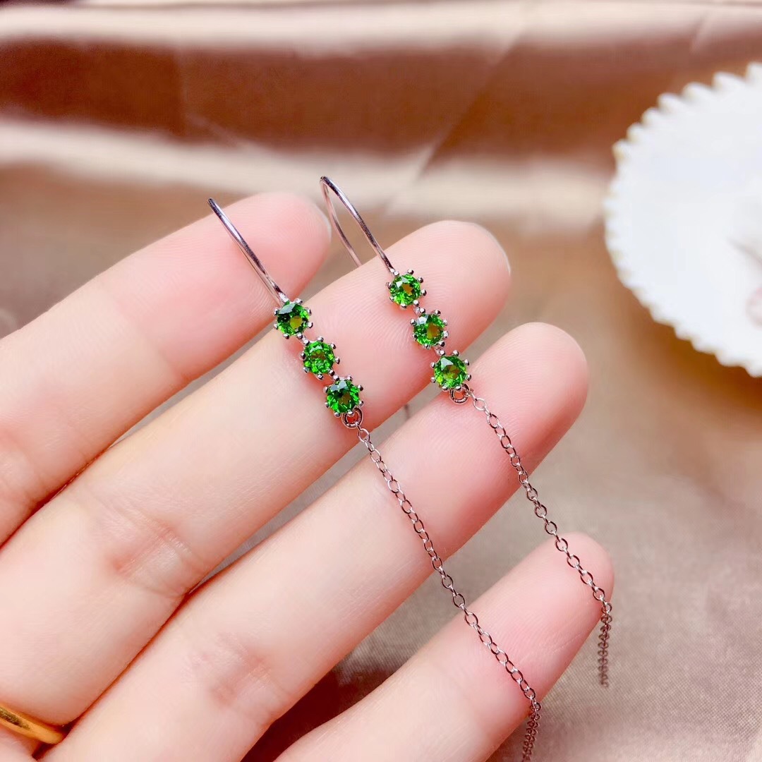 2019 New Arrivals s925 Silver-plated 18k Set natural Diopside Ear line Russia Emerald