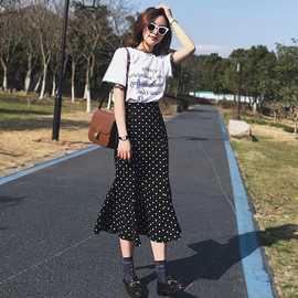 1939温柔系穿搭套装蕾丝白色上衣黑色波点鱼尾包臀半身裙两件套女