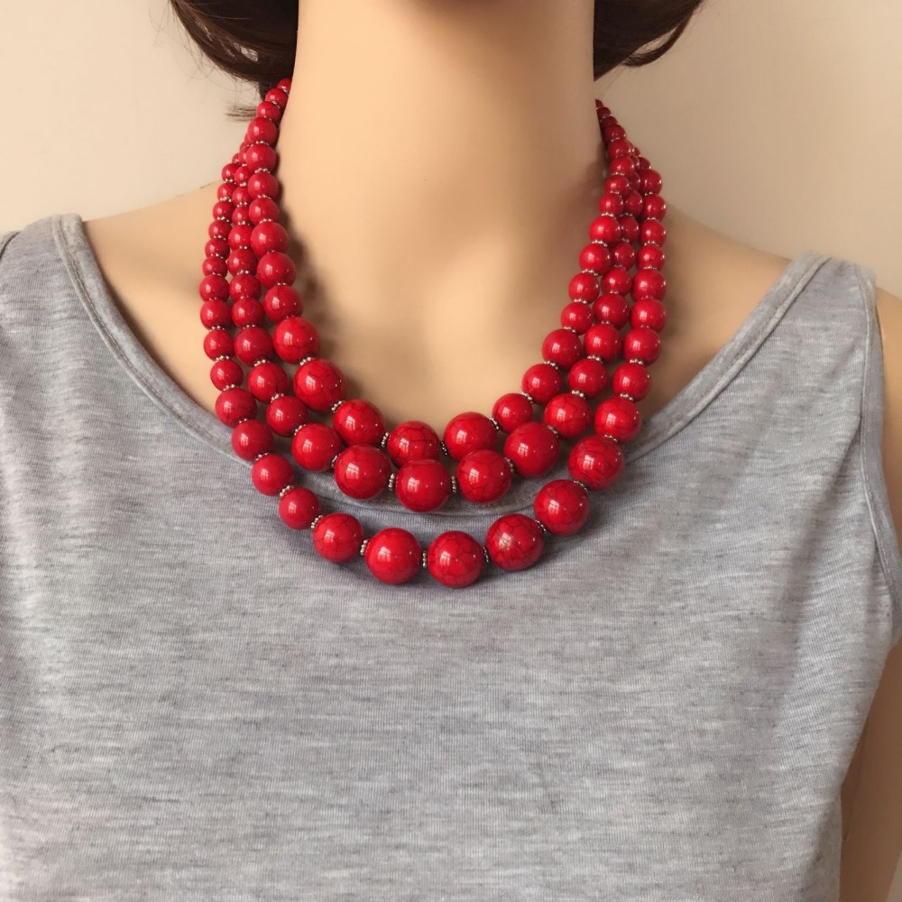 Stone Bead Necklace Three Short Stone Bead Necklace Red Turquoise Necklace Short Necklace display picture 3