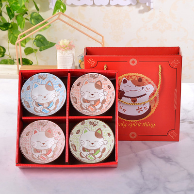 创意陶瓷餐具日式招财猫卡通碗青花瓷沙拉碗乔迁婚庆礼品logo定制