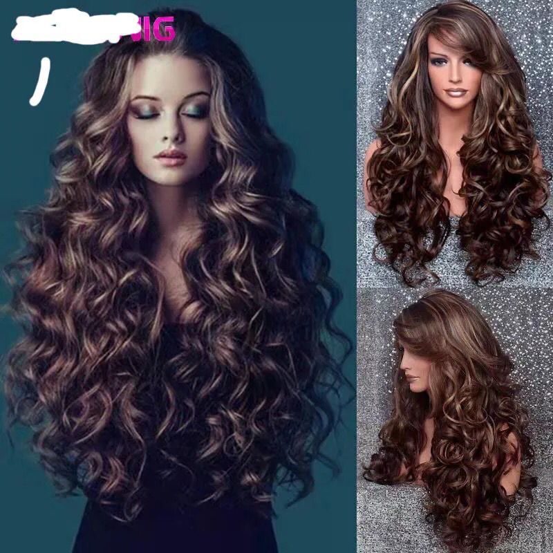 European and American wig free dyeing gradient big wave long curly hair women's high temperature silk head cover Chemical Fiber wig