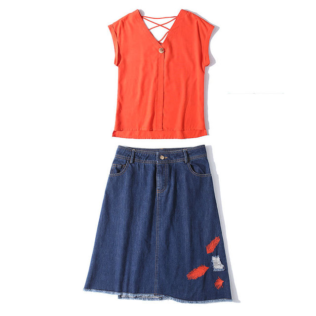 Two-piece Trendy V-collar Chiffon Blouse Embroidery Colour Skirt 