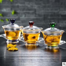 高硼玻璃三才盖碗泡茶器透明家用茶杯功夫茶具分茶器青花青花瓷