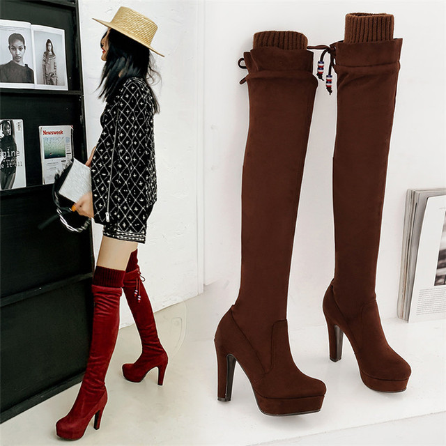 Knee high women’s boots autumn and winter knitted thin leg elastic boots high heel chivalrous boots women’s high barrel 