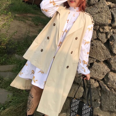 大碼女裝初秋不規則無袖長款馬甲風衣外套開衫薄款胖mm女潮200斤