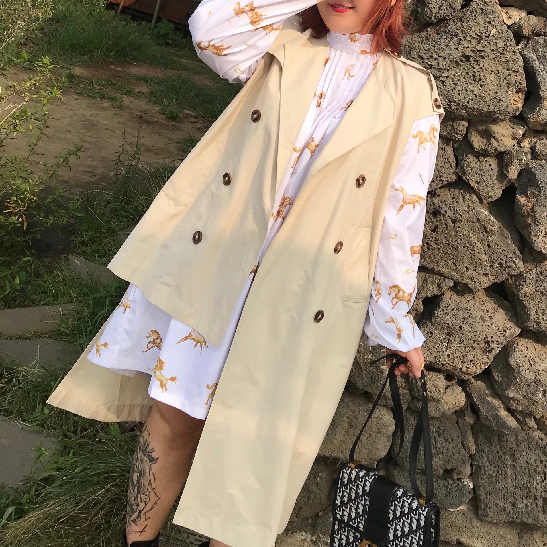 大碼女裝初秋不規則無袖長款馬甲風衣外套開衫薄款胖mm女潮200斤