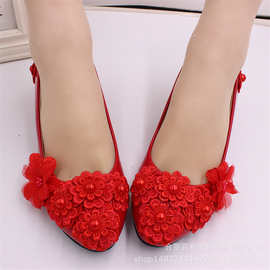 红色低跟新娘结婚鞋现货批发 红色婚鞋婚礼敬酒红鞋BH164