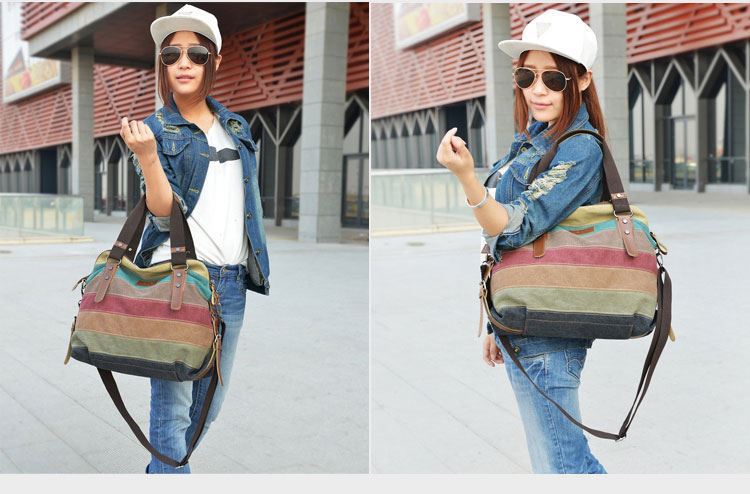 2024 New Rainbow Striped Fashion Splicing Women's Washable Canvas Shoulder Bag_voghion.com