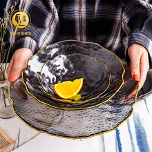创意金边透明玻璃水果盘客厅家用创意水晶玻璃沙拉碗果盆果篮餐具