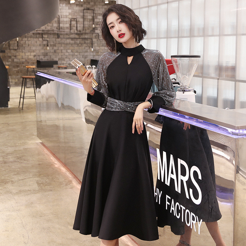 Elegant Evening Dress, Summer Long-Sleeved Banquet Dress, Elegant Wedding Dress, Black Petite Annual Meeting Dress, Slimming Mid-Length Dress for Socialites Elegant Evening Dress, Summer Long-Sleeved Banquet Dress, Elegant Wedding Dress, Black Petite Annual Meeting Dress, Slimming Mid-Length Dress for Socialites