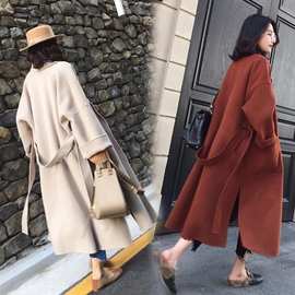韩版双面呢子大衣女2019秋冬装过膝长款系带毛呢外套