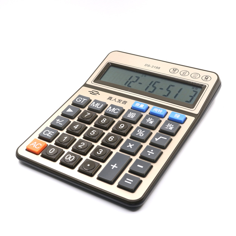 大号语音计算器金属面板万年历闹钟时间12位显示真人发音计算机