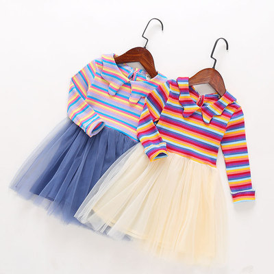 Autumn girls Dress 2019 new pattern Korean Edition stripe Mosaic Jacobs Princess Dress Female baby Western style skirt