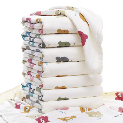 批发纯棉双层无捻纱浴巾70*140小熊印花双面条纹纱布吸水儿童浴巾|ru