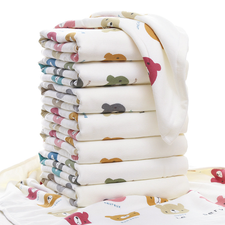 批发纯棉双层无捻纱浴巾70*140小熊印花双面条纹纱布吸水儿童浴巾|ru