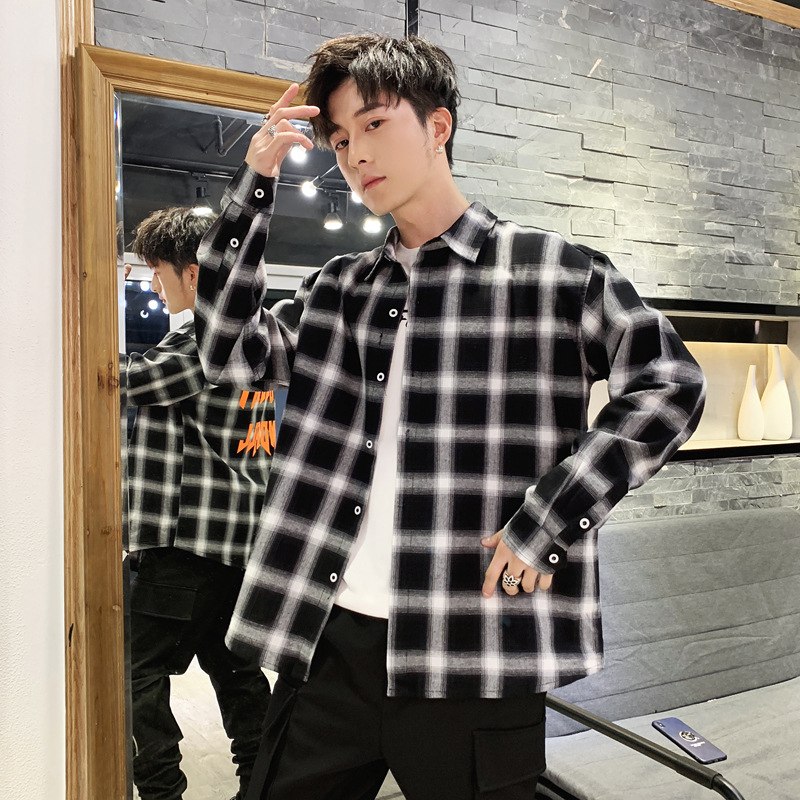 2019春ins超火的格子衬衫外套男士衬衣长袖韩版潮流文艺原宿休