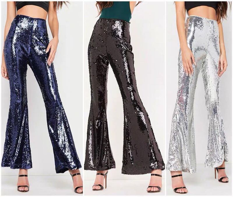 Women jazz dance silver black blue sequin pants European and American sexy nightclub women's singers gogo dancers bar dance sequined flared trousers