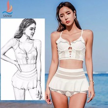 2019新款分体比基尼游泳衣女性感裙式遮肚小胸聚拢温泉泳装