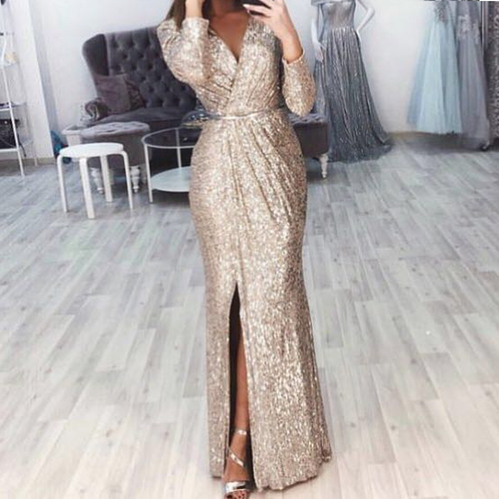 Women's Long Dress Evening Dress Deep V-neck Glittering Waist Trimming Dinner Dress