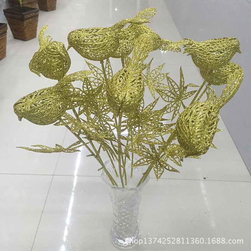 节庆礼品圣诞金粉单枝麻雀 金葱粉单枝小鸟 插花盆栽欧式花搭配