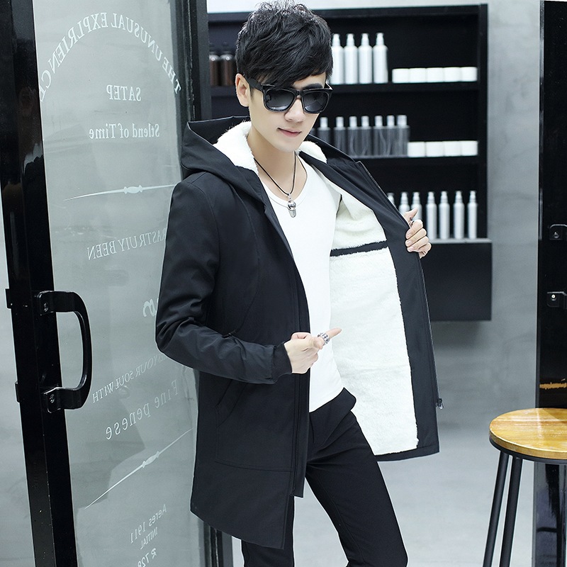 Invierno de los nuevos hombres de longitud media cazadora con capucha de los hombres de estilo coreano juvenil casual forrado de lana engrosada chaqueta ropa de abrigo de los hombres