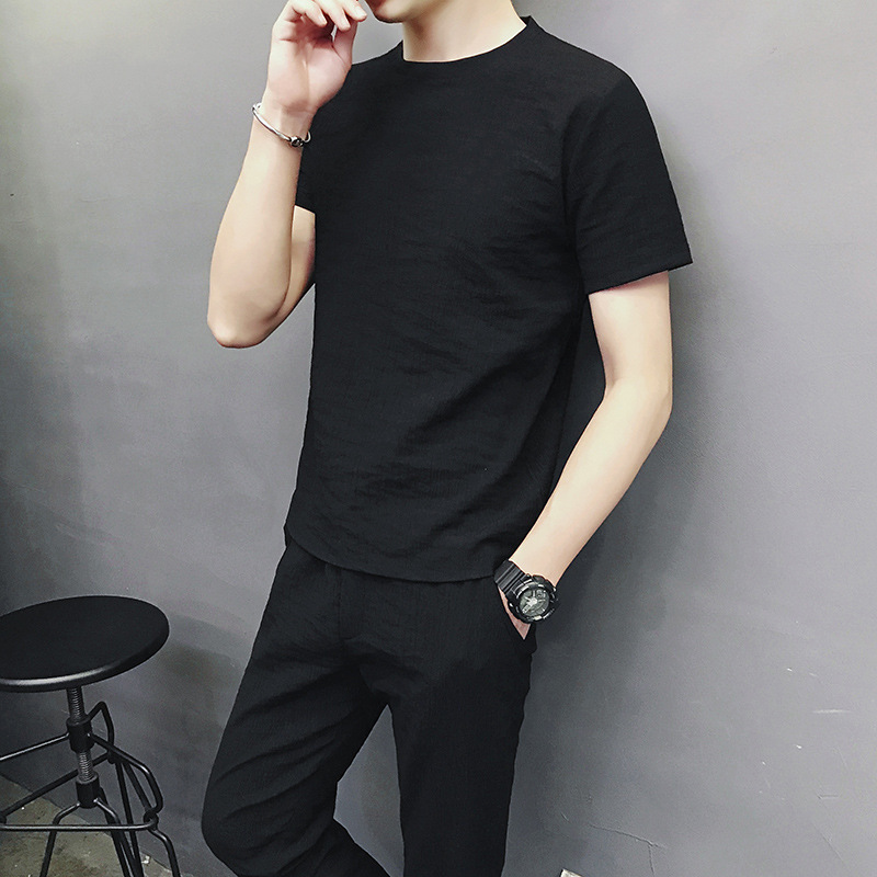 短袖t恤男套装夏季潮流薄款半袖休闲装圆领宽松夏装T恤裤子两件套|ms