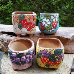 Stylish Korean Hand-painted Relief Rough Clay Pot with Breathable Design for Succulent Plants, Personalized Artistic Ceramic Thimble Mini Planter