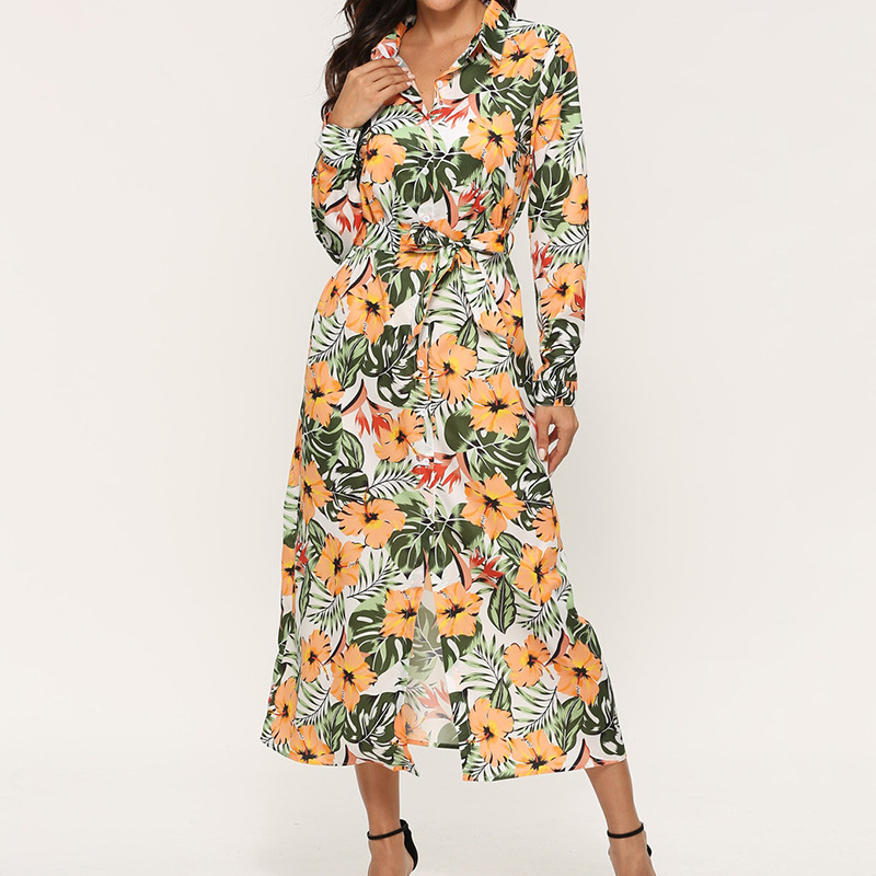 casual printing V-neck long-sleeved chiffon dress NSGE37812