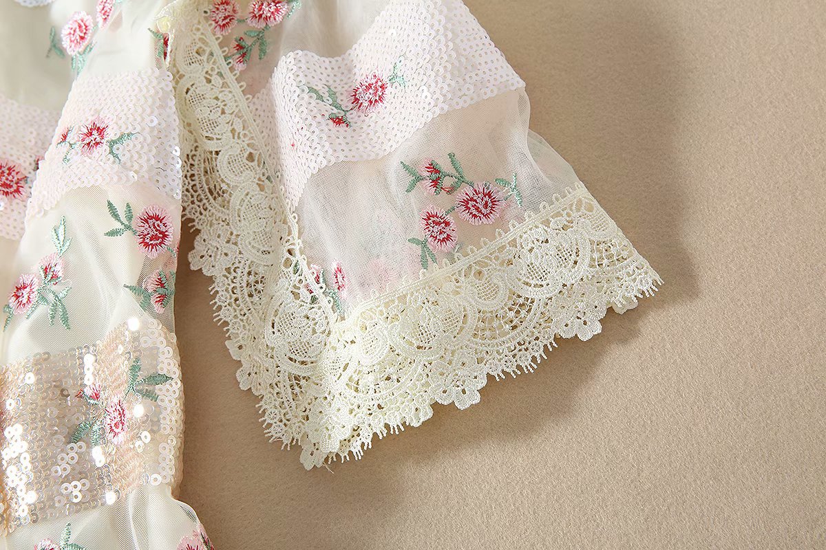 1219-05 珠片绣小花连衣裙码数SMLXL颜色蓝色杏粉色