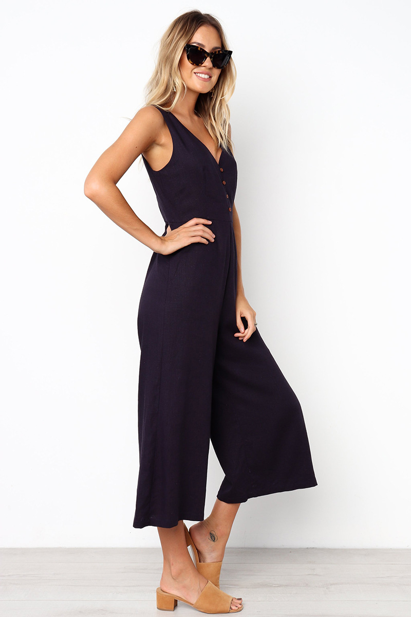 fashion pocket zipper V-neck buttoned jumpsuit NSYD35369