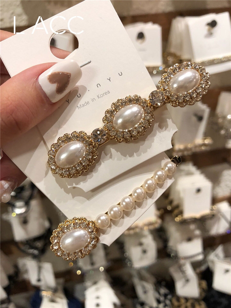 the republic of korea Dongdaemun Imported fashion temperament Ladies Pearl Edge clamp Bangs Hairpin Word folder Duckbill clip