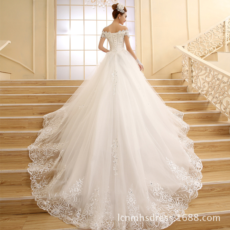 Wedding Dress 2023 Spring and Summer New Korean-style Slimming off-shoulder Double-shoulder Long Tail Bride Wedding Large Size Women
