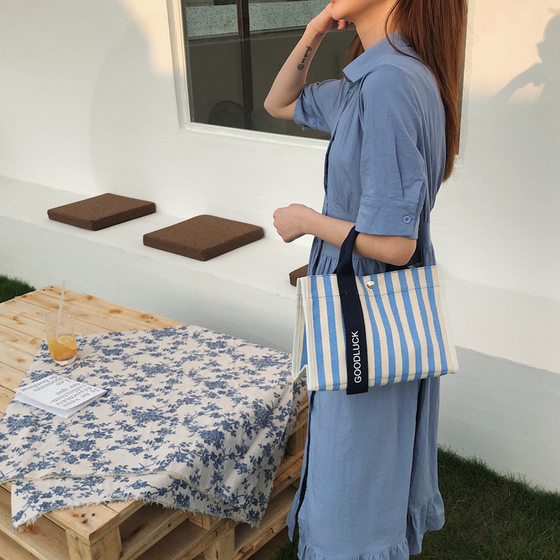 Women's Medium All Seasons Canvas Stripe Classic Style Square Lock Clasp Handbag