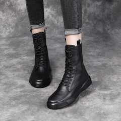 系帶馬丁靴女真皮英倫風chic騎士靴女粗跟平底機車牛皮中筒靴子女
