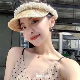 网红珍珠空顶草帽遮阳帽防紫外线太阳帽子Empty hat visor caps