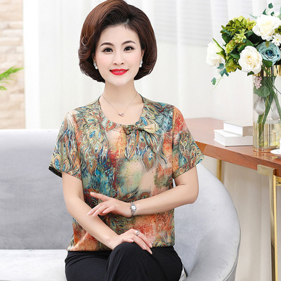 仿真丝妈妈夏装短袖上衣中老年薄款T恤中年妇女大码女装印花衬衫