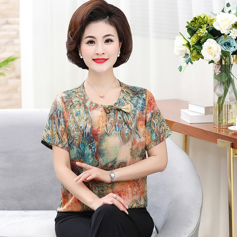 仿真丝妈妈夏装短袖上衣中老年薄款T恤中年妇女大码女装印花衬衫