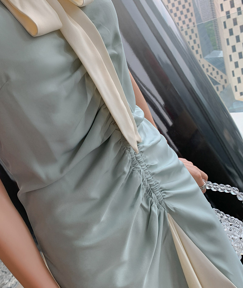 Đầm maxi nữ thắt eo cổ buộc dây xếp ly thanh lịch — Màu xanh lam chi tiết 15