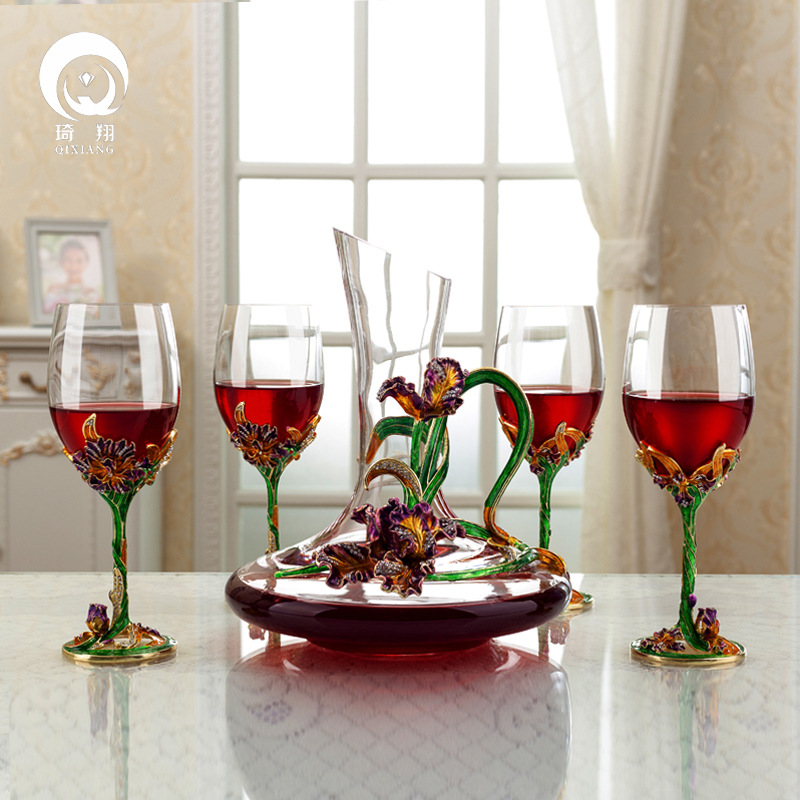 琺琅彩水晶紅酒杯透明綠鸢尾紅酒醒酒器套裝創意葡萄酒倒酒器批發