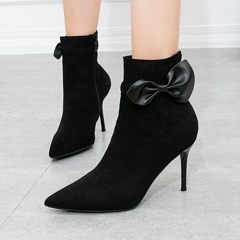 615-2 простые женские сапоги в европейском и американском стиле на шпильке на супер высоком каблуке сексуальные ботильоны для ночного клуба педикюр для похудения с острым бантом