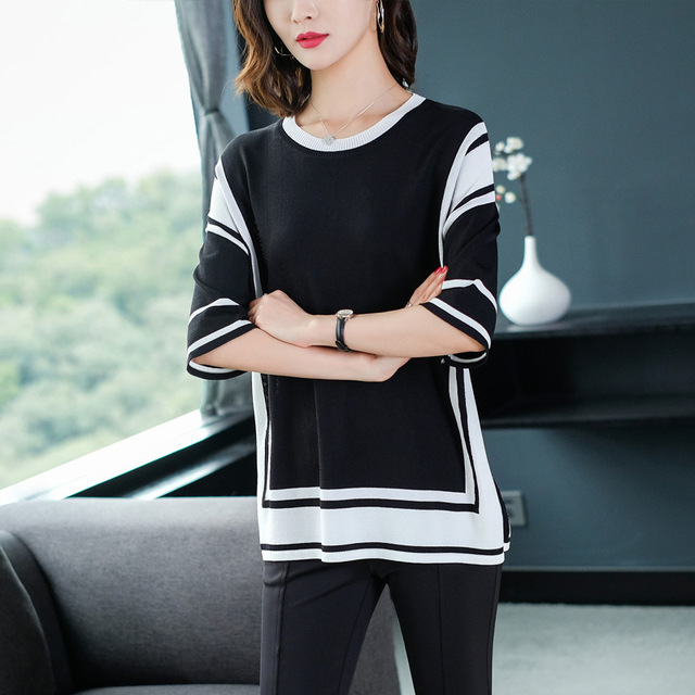 Korean fashion loose seven sleeve T-shirt temperament stripe T-Shirt Top