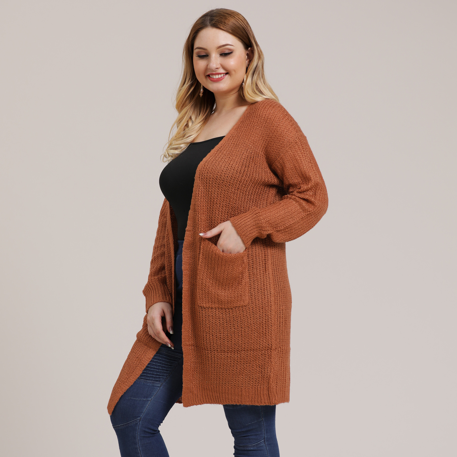 Plus size fashion solid knit cardigan NSOY45977