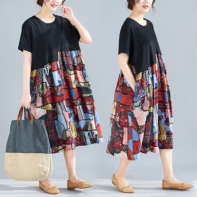 Cross border summer Women's wear 2019 New fat mm Large Easy Short sleeved Cotton and hemp printing Mosaic Dress