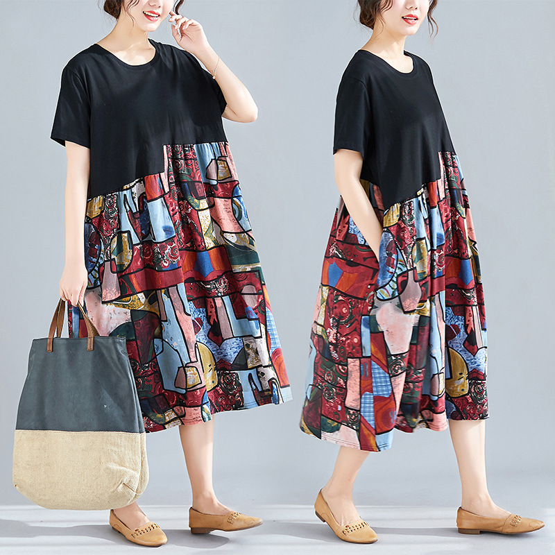 Cross border summer Women's wear 2019 New fat mm Large Easy Short sleeved Cotton and hemp printing Mosaic Dress