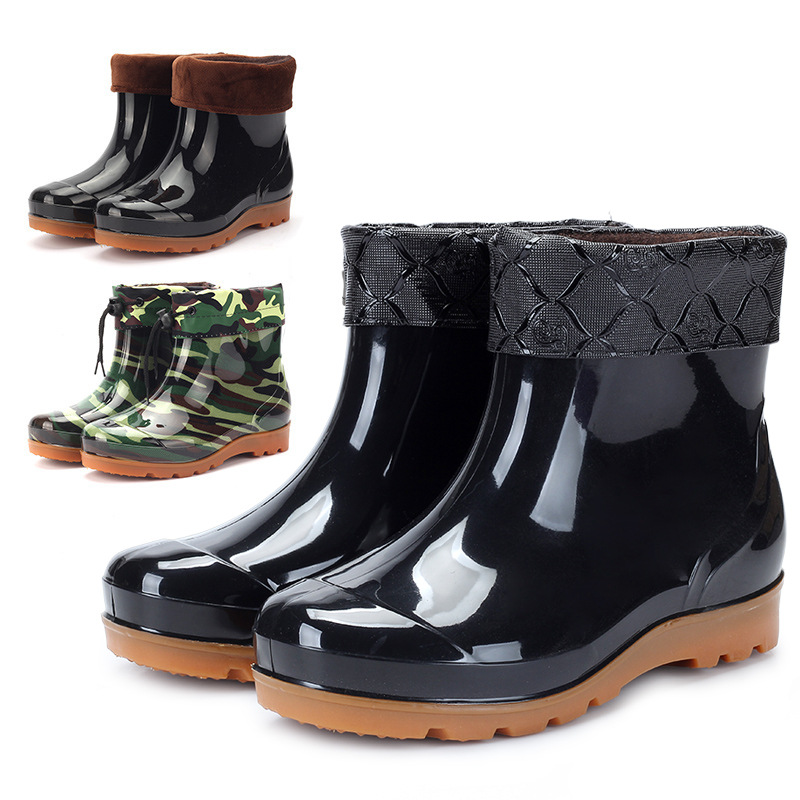 Slip-slip low tube breathable plus cotton warm rain shoes men's rain boots car wash water shoes work fishing rubber shoe camouflage boots