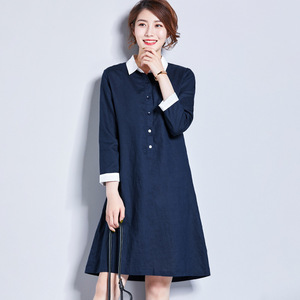 Cotton and hemp mid-long dress autumn dress new slim shirt 