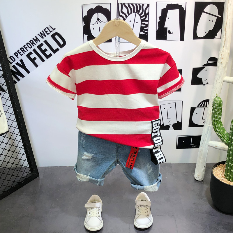 Boys' striped T-Shirt New Summer 2019 children's Korean loose half sleeve T-shirt with Denim Shorts Set