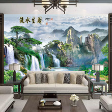 5D中式电视墙壁纸客厅沙发8D背景墙壁画影视墙墙布流水生财墙纸