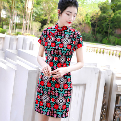 2019新款女夏复古国风女装旗袍十字绣气质短袖改良重工绣花连衣裙|ms